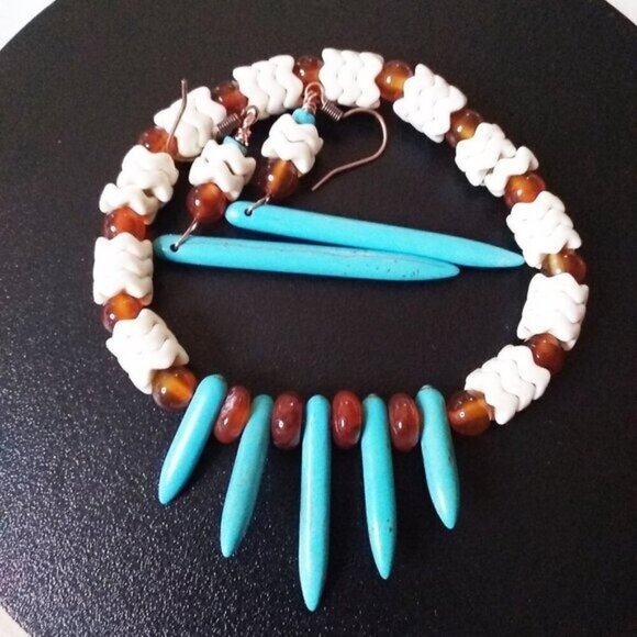Coastal Cowgirl! Beaded Bracelet + 3" Earring Set: Howlite Spikes + Agate Beads - Picture 7 of 13